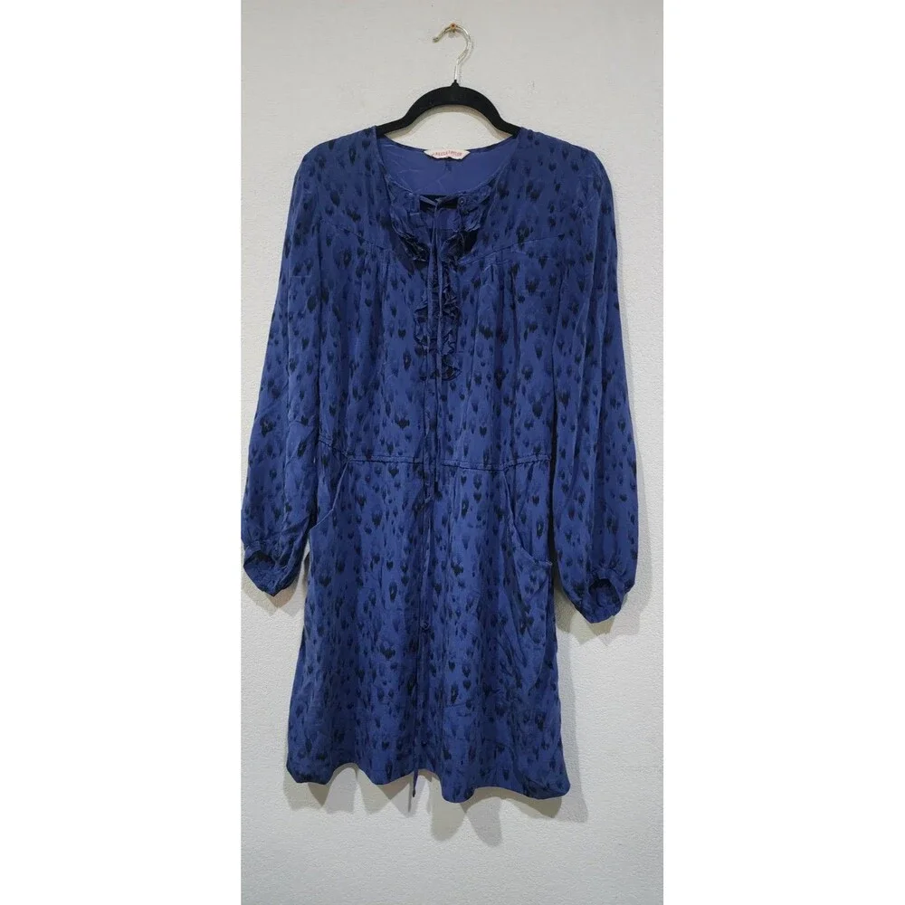 REBECCA TAYLOR blue silk long sleeve pockets belted front frill dress tunic 8